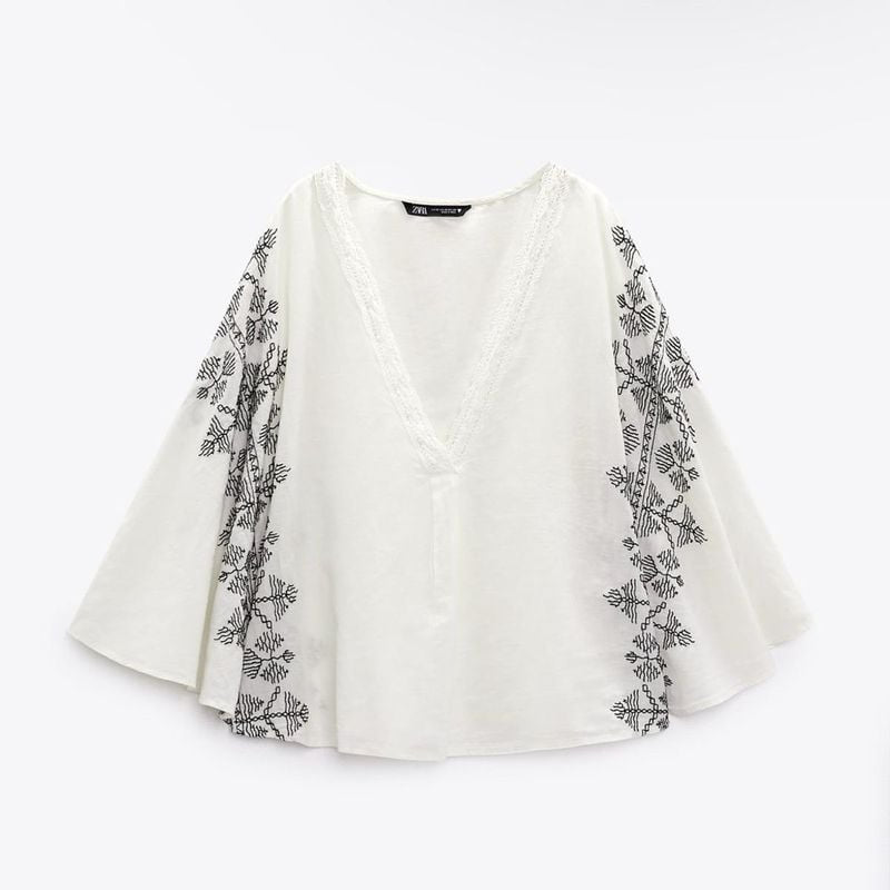 Zara
Embroidered linen blend cropped blouse