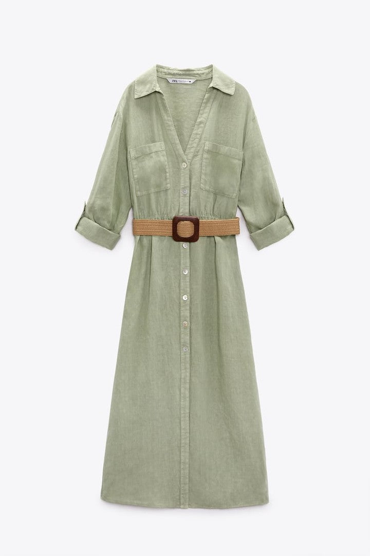 Zara linen belted shirt dress